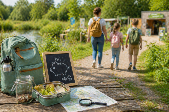 Picknickspullen en rugzak met spaargeld als symbool voor budget uitjes met kinderen in de meivakantie
