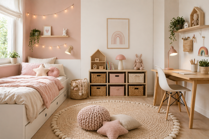 Sfeervolle kinderkamer met bed en bureau als voorbeeld voor kosten kinderkamer