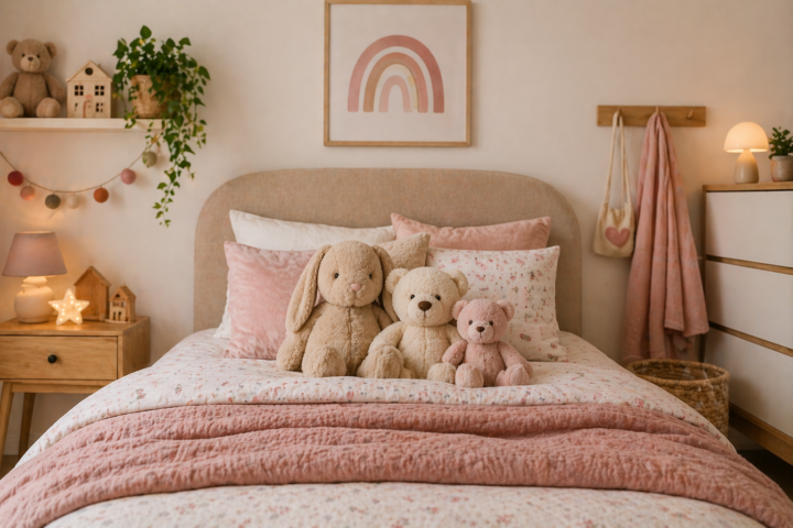Kinderkamer met bed en knuffels als voorbeeld voor kosten van een kinderkamer