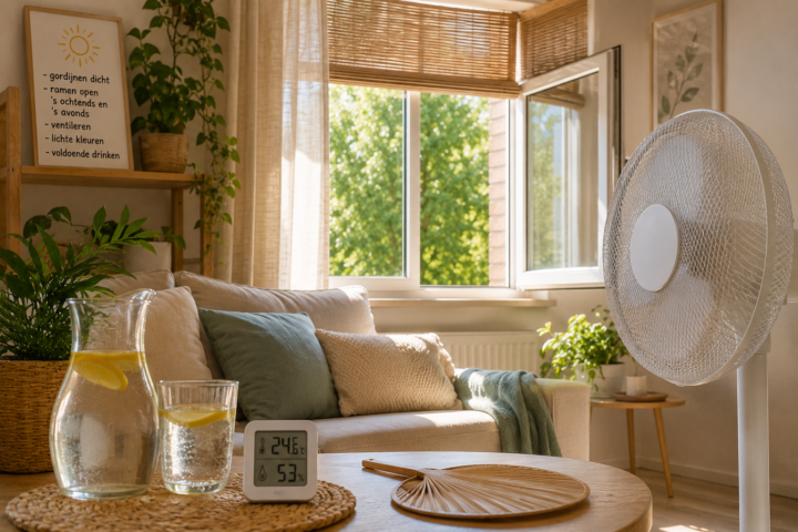 Tips om je huis koel te houden tijdens warm weer, met praktische ideeën voor meer verkoeling en rust tijdens een hittegolf met kinderen.