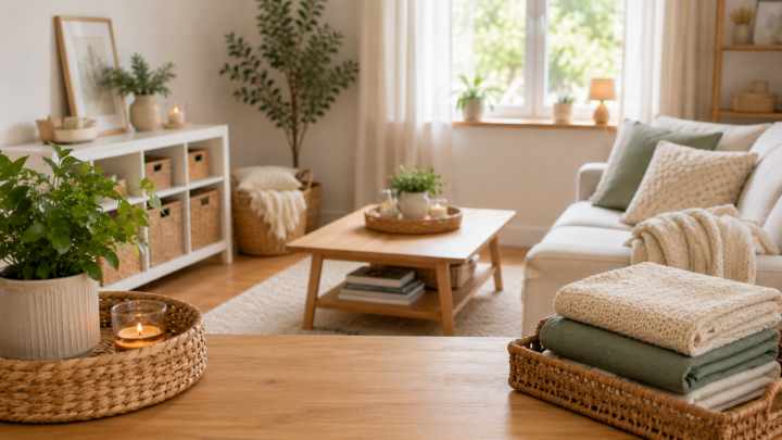 Opgeruimde en gezellige woonkamer met manden, zachte kleuren en slimme opbergoplossingen passend bij tips voor een opgeruimd huis.