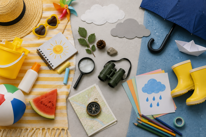 Flatlay met zomerse en regenachtige spullen, zoals een strandbal, zonnehoed, paraplu, regenlaarzen en knutselmateriaal, als illustratie bij het artikel over zomeractiviteiten kinderen.