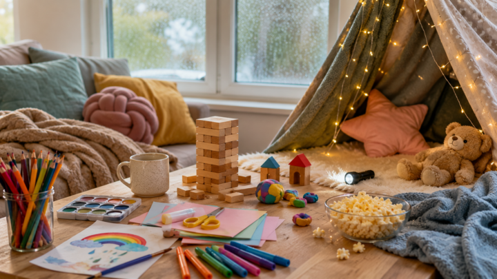 Gezellige binnenruimte met een zelfgebouwde hut, knutselspullen, speelgoed en popcorn als illustratie bij het artikel over zomeractiviteiten kinderen voor slecht weer.