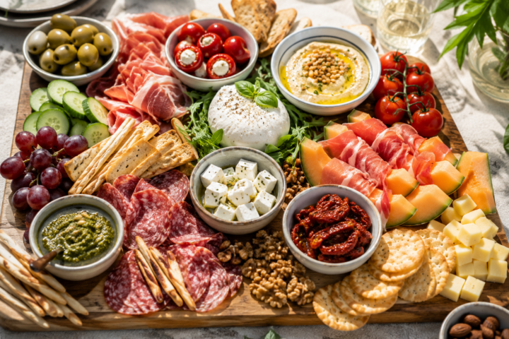 Borrelplank met lichte hapjes, fruit, groenten, kaas en crackers als inspiratie voor een frisse maaltijd tijdens een hittegolf.