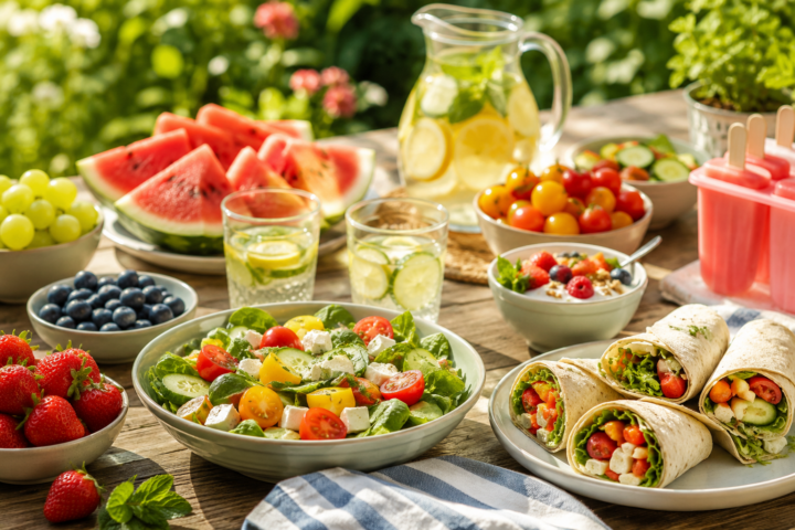 Afbeelding bij het artikel Wat eten tijdens een hittegolf? met inspiratie voor frisse maaltijden, fruit, wraps en verkoelende tussendoortjes tijdens warm weer.