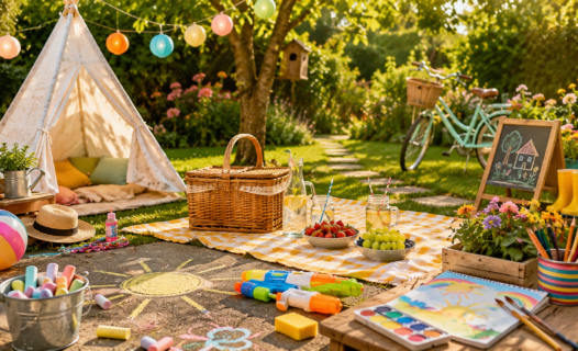 Zomerse tuin met picknickkleed, speeltent, stoepkrijt, waterpistolen en knutselspullen als illustratie bij het artikel over zomeractiviteiten kinderen.
